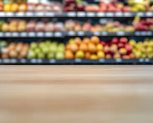 Light Brown Wooden Surface with Blurred Produce Background