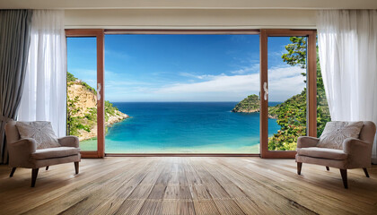 Obraz premium both windows of the villa room open to beautiful sea views, aesthetic concept