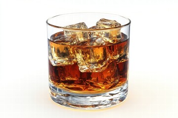 Glass of Whiskey with Ice Cubes on a White Background