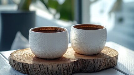 Two Textured White Cups on Wooden Coaster in Bright Modern Setting