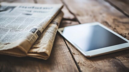 30.A close-up photograph of a wooden table with a traditional newspaper resting beside a tablet. The newspaper is slightly folded, revealing the top headlines, while the tabletâ€™s screen displays