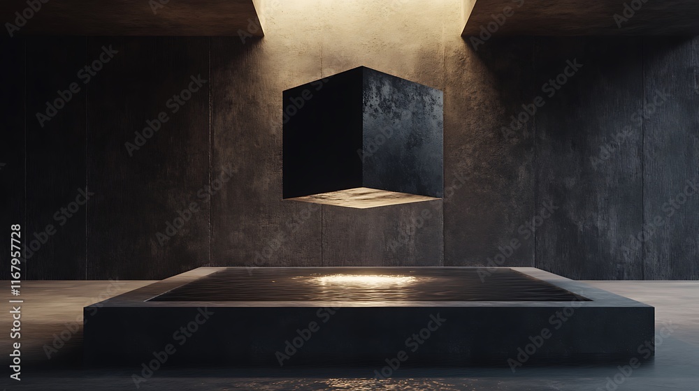 Poster 3d rendering of a floating abstract black cube, levitating against a modern black background, creati
