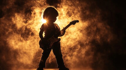 6.A silhouette of a guitar player on stage, set against a dark background filled with smoke and dramatic spotlights. The figure of the guitarist is outlined in stark contrast against the glowing