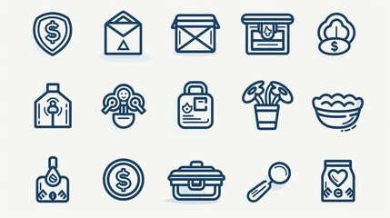 Fototapeta premium Collection of various line icons depicting finance, delivery, security, and household items.