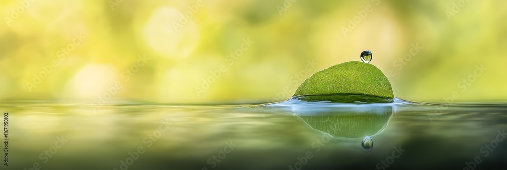 Poster Tranquil scene of a water droplet on a leaf floating on calm water, reflecting a serene natural environment.