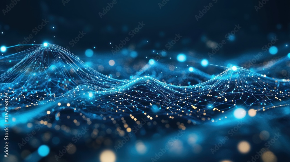 Aufkleber abstract digital landscape with glowing particles and lines.