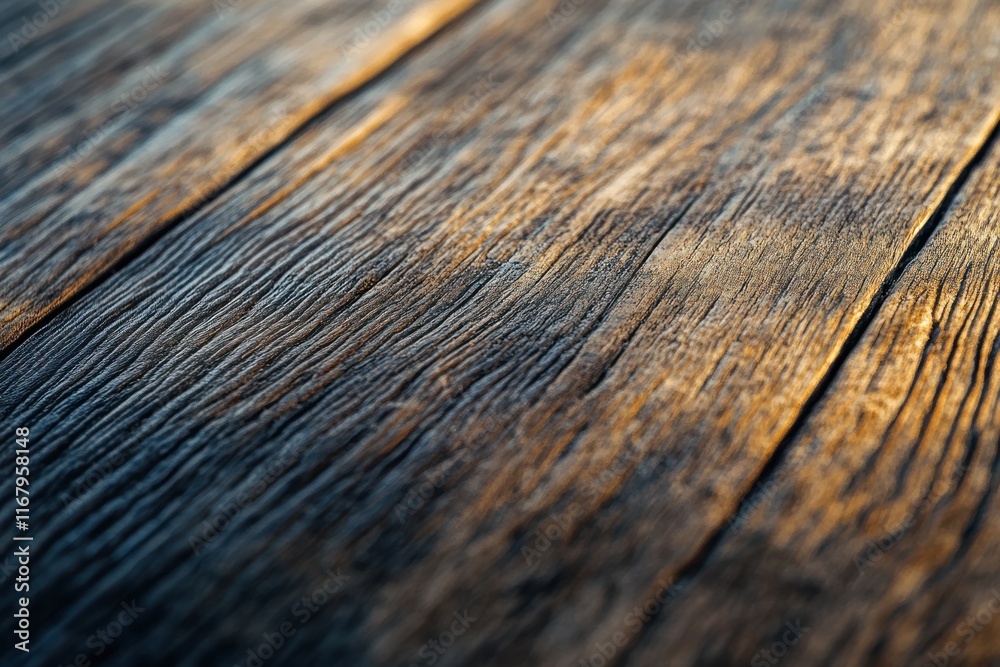 Poster close-up of rustic, dark brown wood planks with visible grain and texture, illuminated by warm light