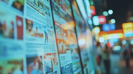 16.A close-up of a tablet screen displaying an online news article, with the latest daily press and media content visible. The screen shows a digital newspaper or magazine interface, with clear text