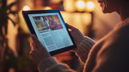 18.A close-up of a tablet screen displaying an online news article, showing a digital version of a newspaper or magazine. The latest press content is visible on the screen, and the person holding the
