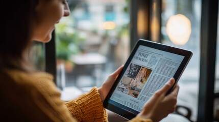 18.A close-up of a tablet screen displaying an online news article, showing a digital version of a newspaper or magazine. The latest press content is visible on the screen, and the person holding the