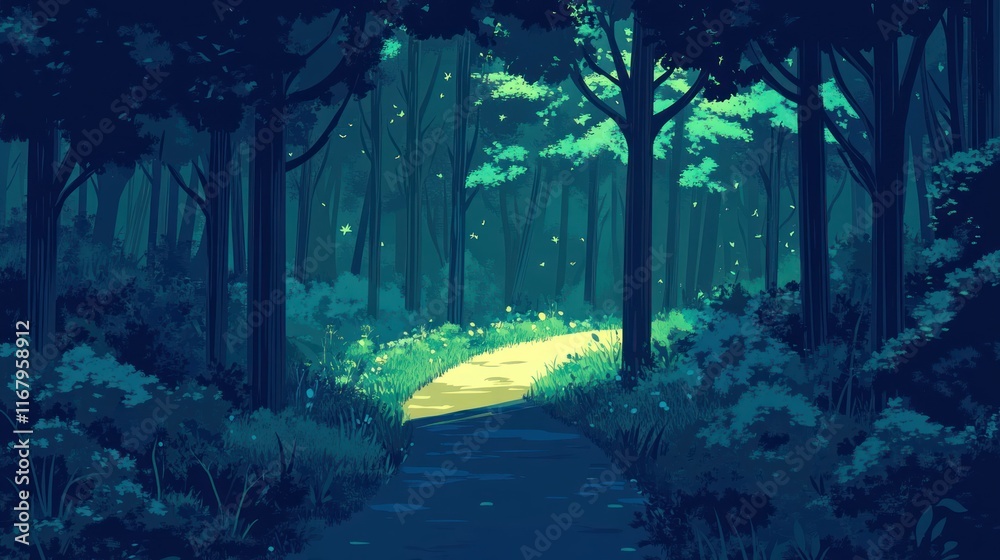 Poster serene, moonlit forest path at twilight, glowing with fireflies.