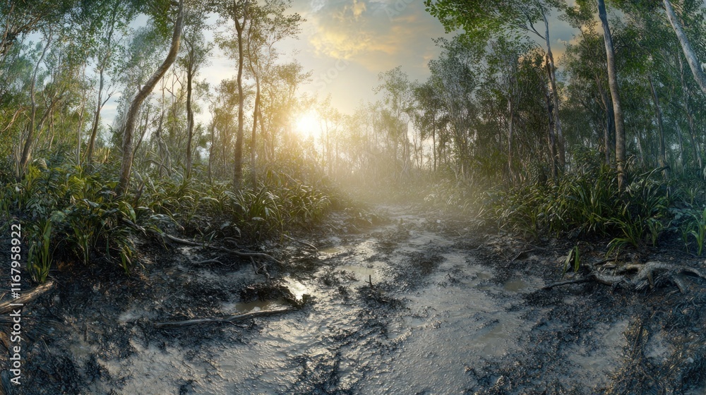 Poster sunlit path through a lush, misty forest with exposed roots and muddy ground.