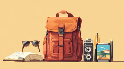 Travel backpack with city guidebook and gadgets, wanderlust setup. Wanderlust. Illustration