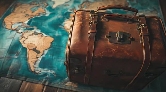 Travel adventure with vintage luggage global map background lifestyle photography cozy ambiance close-up view wanderlust inspiration. Wanderlust. Illustration