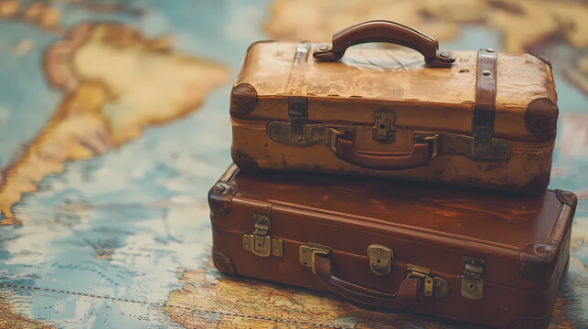 Travel adventure with vintage luggage global map background lifestyle photography cozy ambiance close-up view wanderlust inspiration. Wanderlust. Illustration