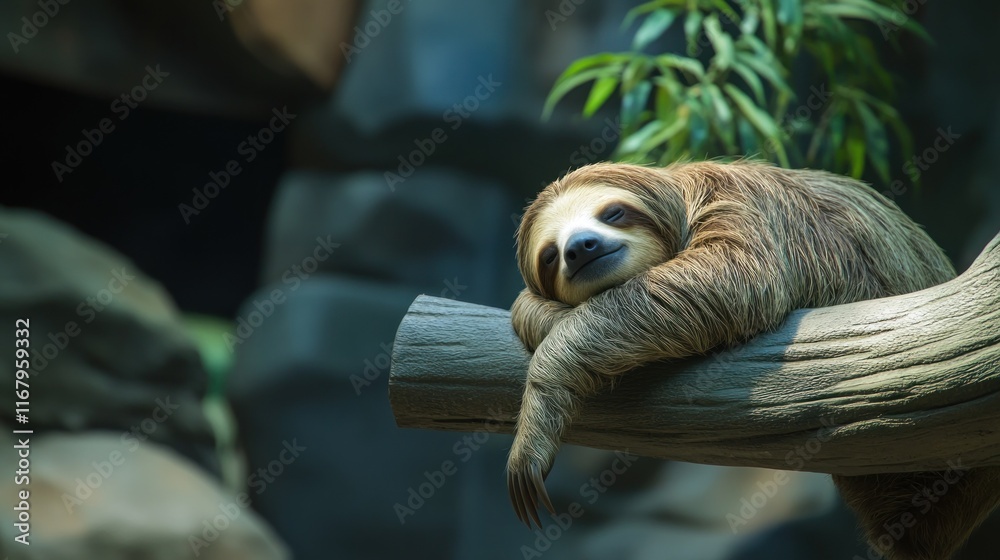 Poster A sloth rests peacefully on a tree branch, showcasing its relaxed posture and serene expression.