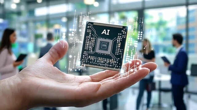 hand with an AI chip floating above it, symbolizing the integration of artificial intelligence in technology and business. the text "AI"on circuit board ,generative ai	

