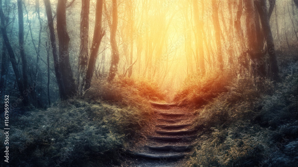 Aufkleber stone steps leading through a mystical forest path at sunrise.