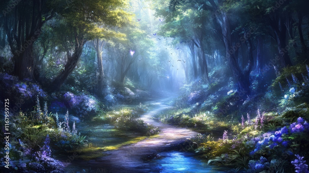 Poster magical forest path with vibrant flowers, sunlight streaming through trees, and a tranquil stream.