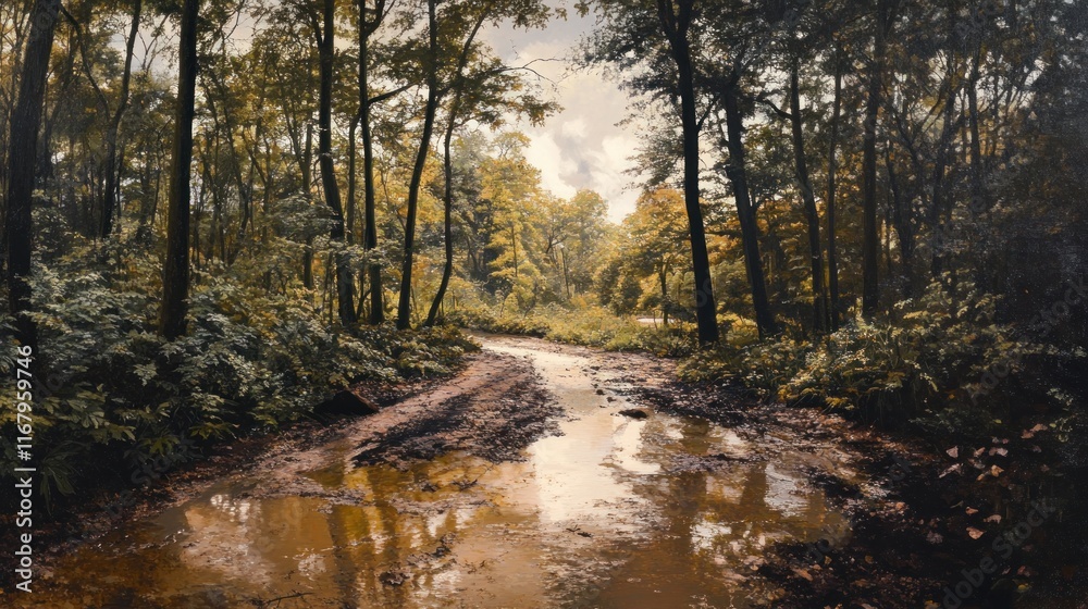 Aufkleber muddy forest path with water reflecting trees after rain.