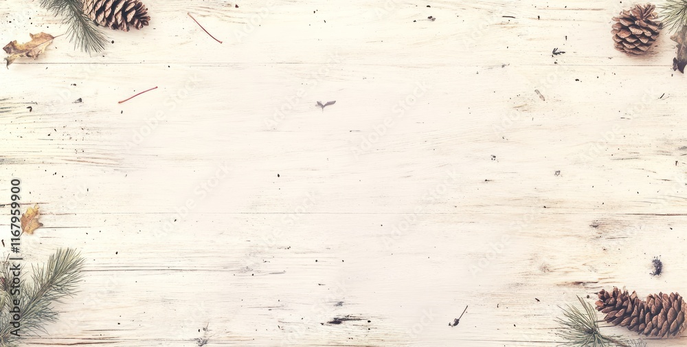 Poster rustic white wood texture background with autumn leaves and pine cones border.
