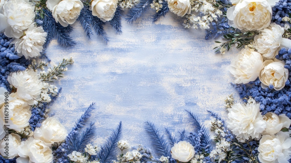 Poster white and blue flowers arranged in a frame on a textured background.