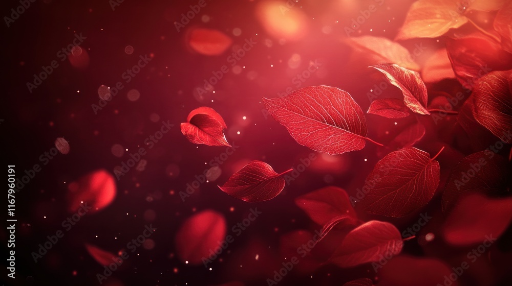 Aufkleber Red leaves falling on dark background with bokeh effect.