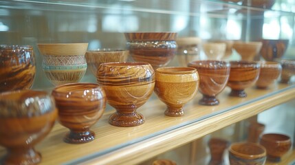 Beautifully Crafted Wooden Bowls Displayed on a Shelf