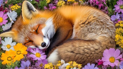 A red fox sleeps peacefully curled in a vibrant circle of wildflowers.