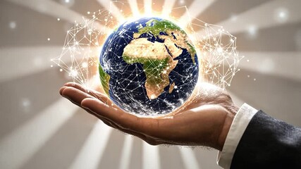 businessman holding the Earth in his hand, surrounded by digital connections and icons representing global business. The background is clear white with light rays shining from behind him,generative ai