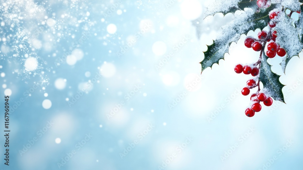 Poster snowy holly branch with red berries against a bokeh background.