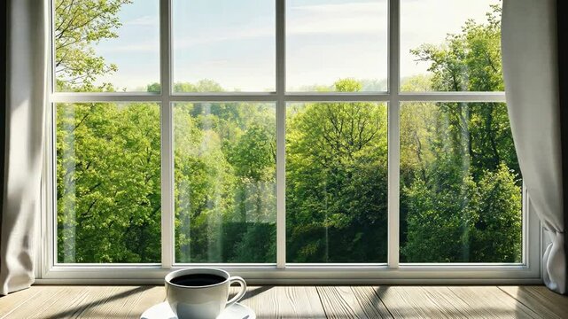 a cup and saucer with hot coffee on the table near a window in springtime, with nature green outside the window and a blurred background ,generative ai	
