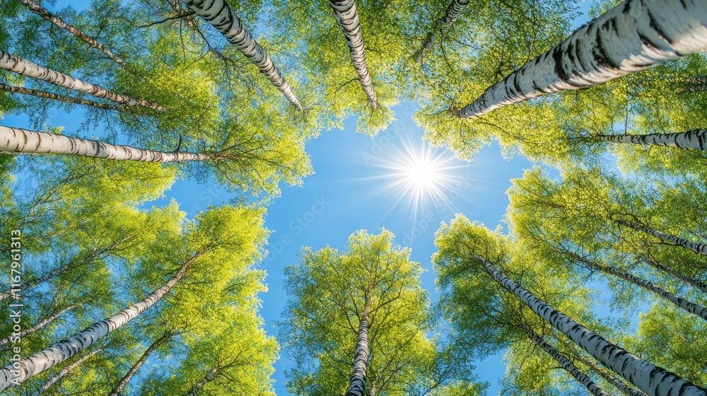 Aufkleber Sun shining through birch trees in a forest, looking up.