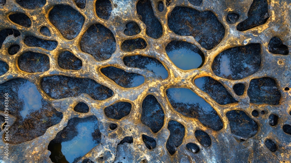 Poster Abstract texture of eroded rock with water-filled holes, showing intricate patterns and colors.