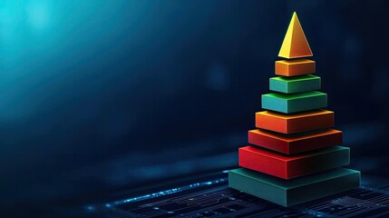 A colorful stack of geometric shapes representing data analysis and technology. Ideal for illustrating concepts related to growth and innovation.