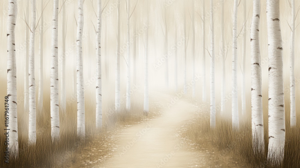 Poster misty path winding through a birch forest, soft light illuminating the scene.