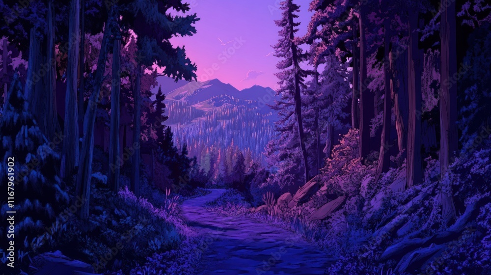 Poster serene twilight view down a forest path toward distant mountains.