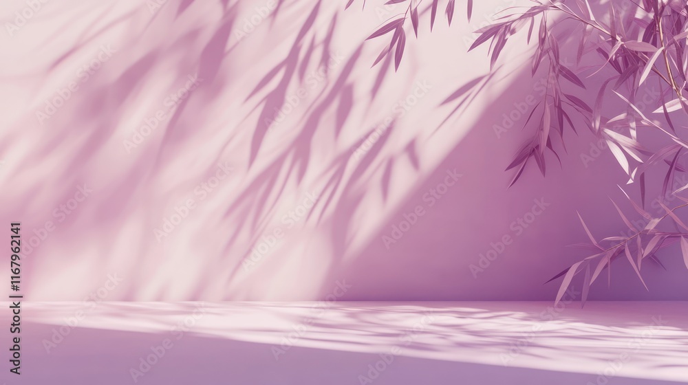 Poster soft pink background with plant shadows and empty space.