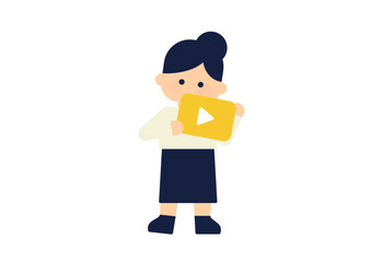 動画アイコンを持つ女性のフラットデザインイラスト ( ベクター人物素材 デフォルメ シンプル )