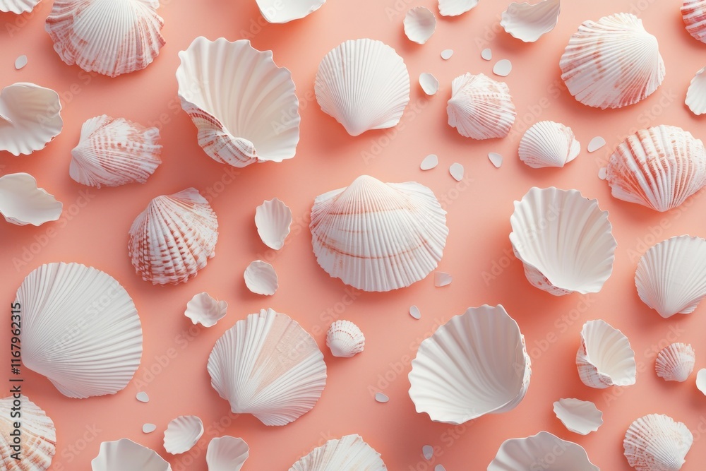 Poster flat lay of various seashells on a coral background.