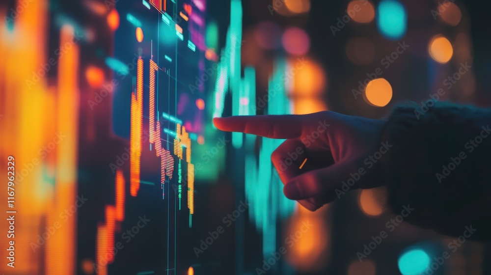 Poster hand interacting with vibrant financial data displayed on a large screen at night.