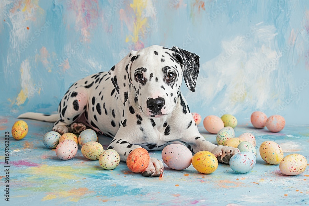 Poster Adorable Dalmatian puppy lies amidst colorful Easter eggs on a painted blue background.