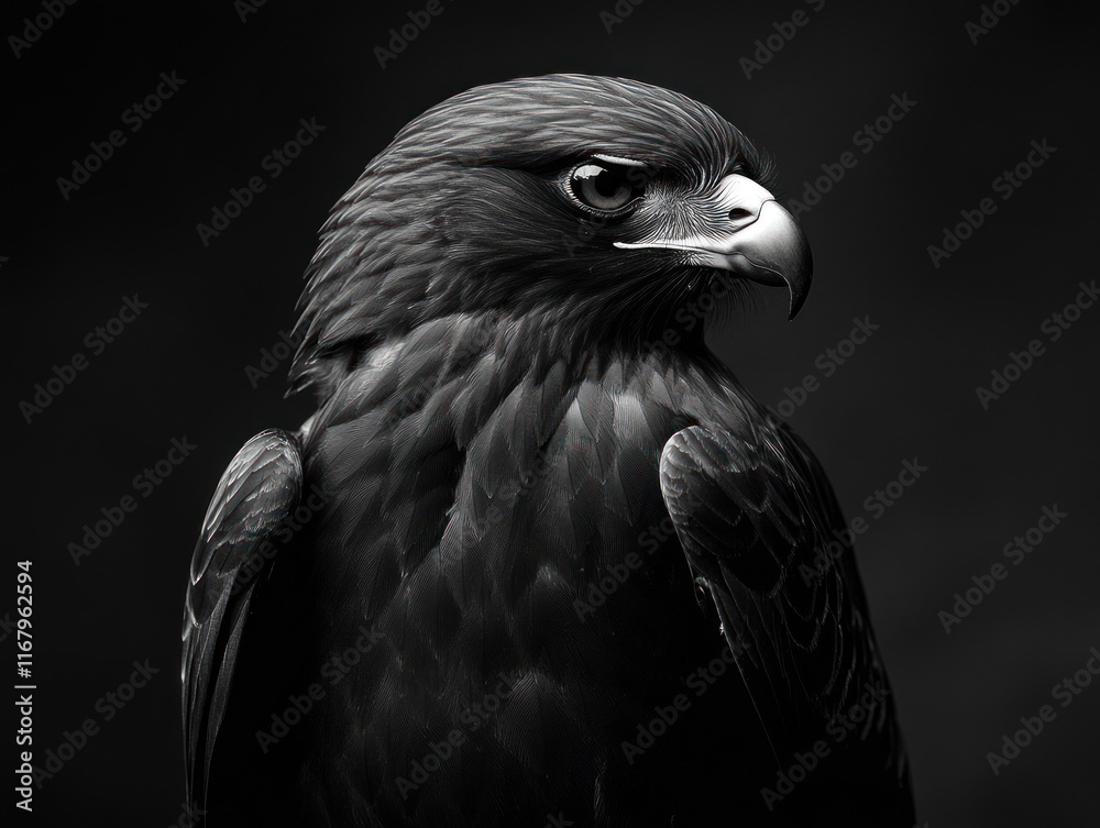 Poster monochrome close-up portrait of a hawk, showcasing its intense gaze and detailed feathers against a 