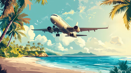 Obraz premium Jet flying over a tropical island paradise, lush palm trees, azure waters, bright sunshine, evoking excitement and wanderlust. Wanderlust. Illustration