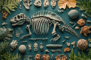 Fossil preservation tracker flat design top view prehistoric life theme 3D render splitcomplementary color scheme
