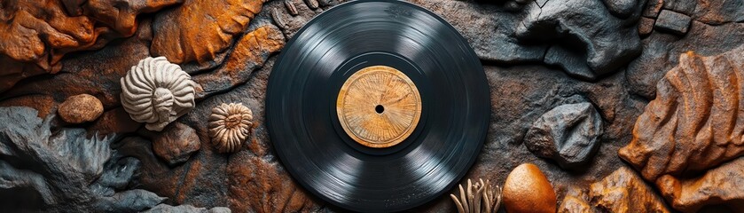 A vintage vinyl record surrounded by natural textures, including shells and foliage, creating a unique artistic composition.