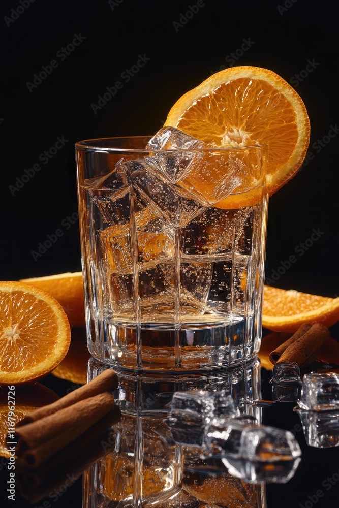 Poster sparkling citrus cocktail with ice and cinnamon in a rocks glass on black reflective surface.