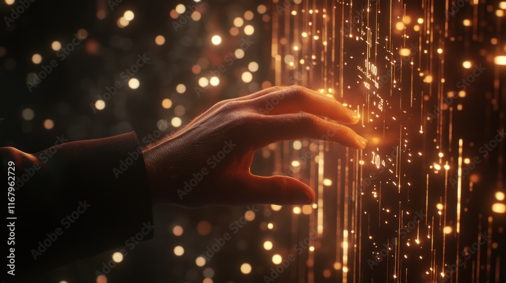 Aufkleber hand reaching out to touch a glowing digital stream of data.