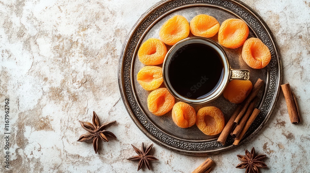 Poster dried apricots arranged around a cup of coffee with cinnamon sticks and star anise on a rustic surfa