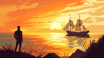 Man watches ship sail into sunset over ocean, evoking adventure and wanderlust in a picturesque maritime scene. Wanderlust. Illustration
